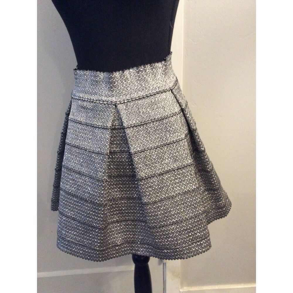 Silver Metal look Partial Rubber Pleated Skirt Small S Womens Devlin